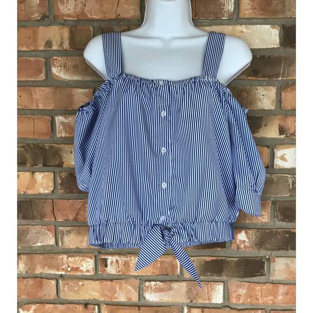 Sans Souci Blue and White Striped Cold Shoulder Top    Large